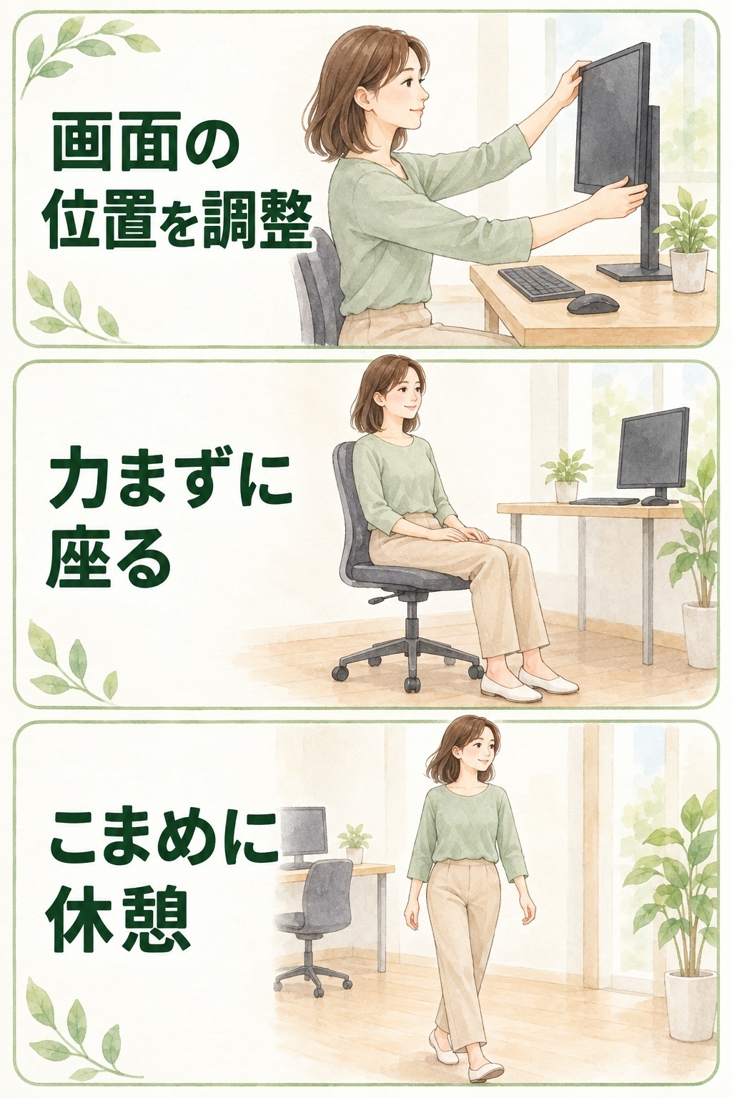 パソコン画面の位置を調整する、力まずに座る、こまめに休憩する、首・肩の負担を減らす３つの工夫を示したイラスト