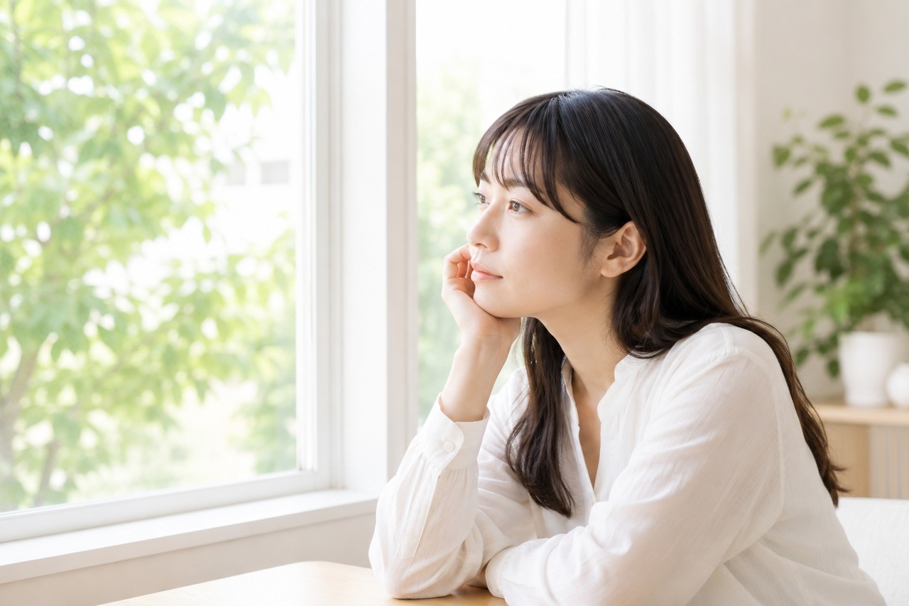HSPで頬杖をつく女性