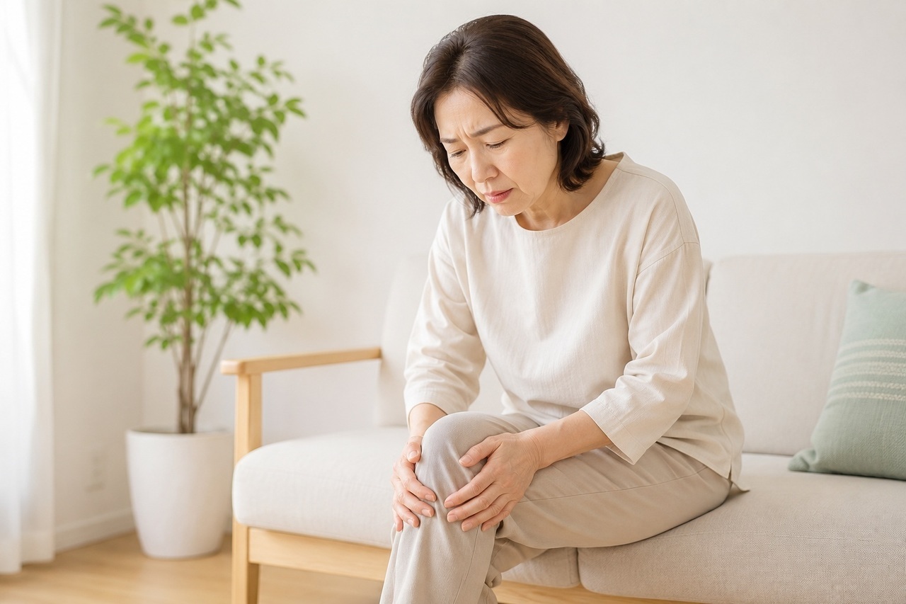膝痛で膝を押さえる女性