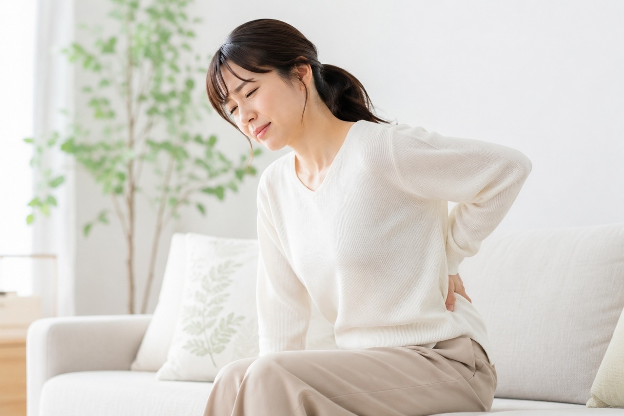腰痛で腰を押さえる女性
