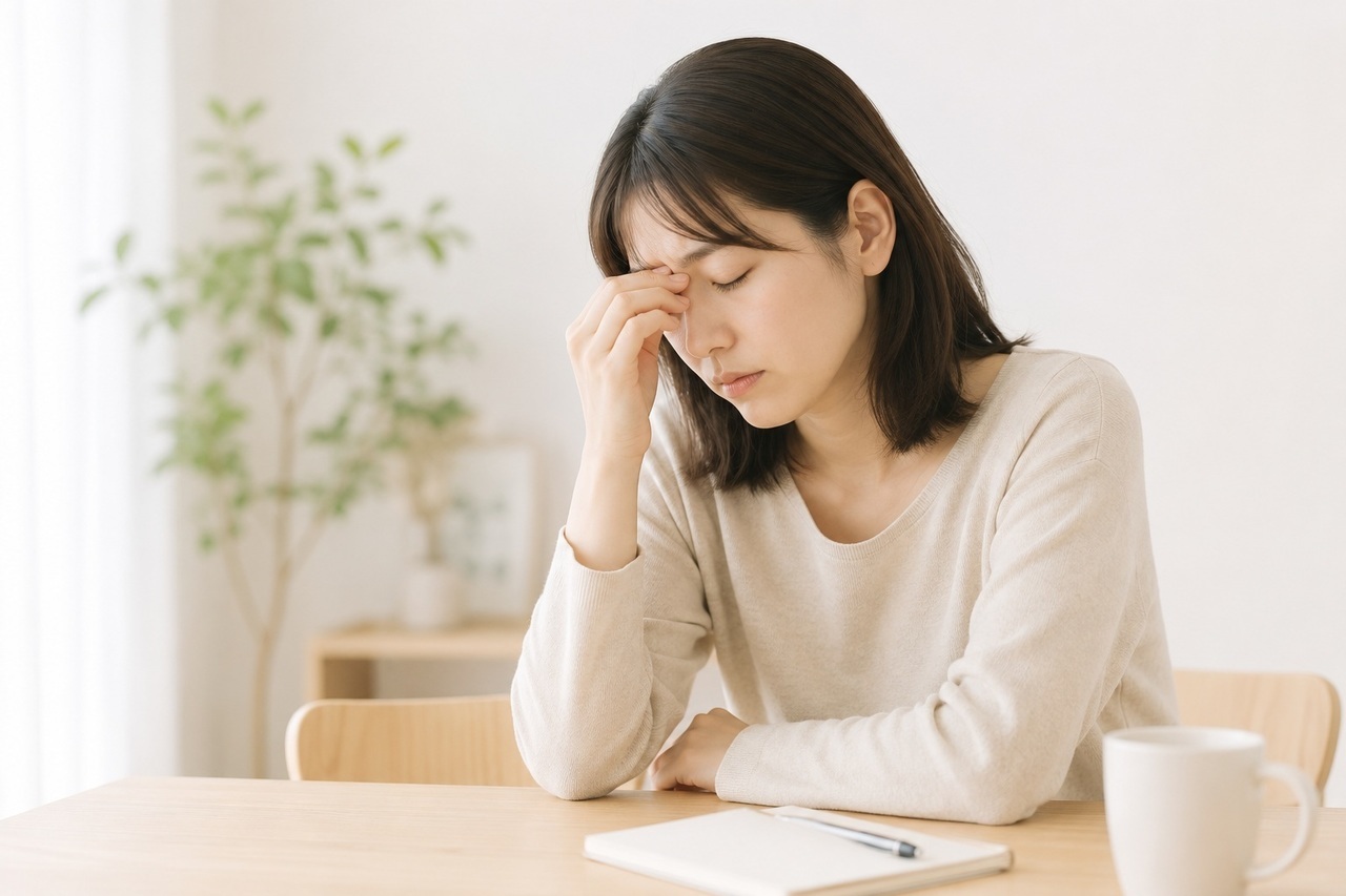疲労で眉間に手をやる女性