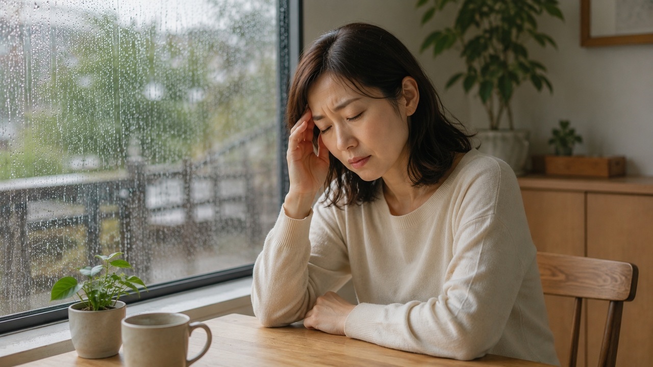 天気痛・気象病による頭痛でこめかみを押さえる女性