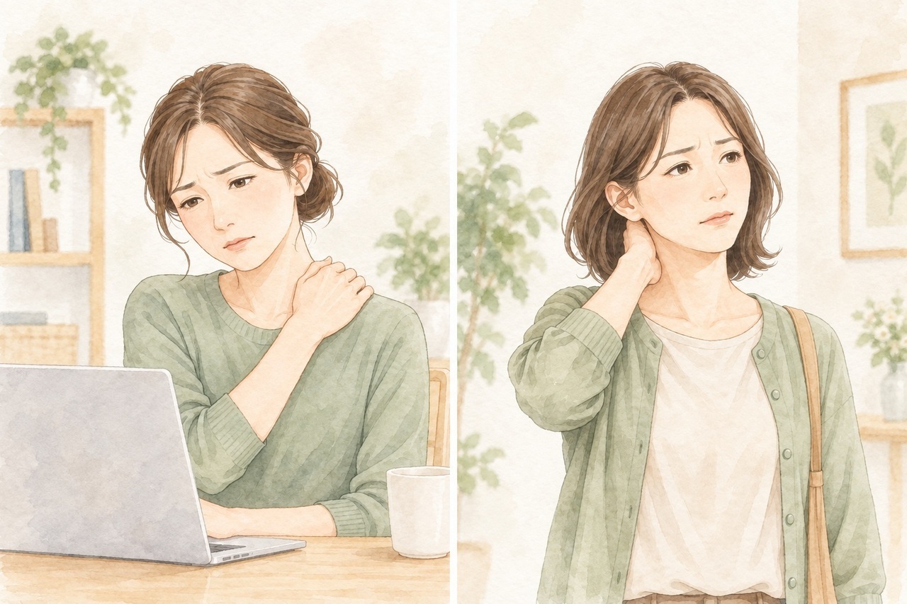 パソコン作業中に肩に手を添える女性と、首の後ろのこりを気にする女性のイラスト