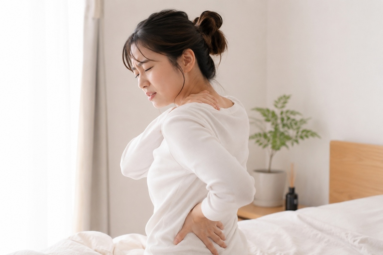 背中の痛みで背中と肩を押さえる女性