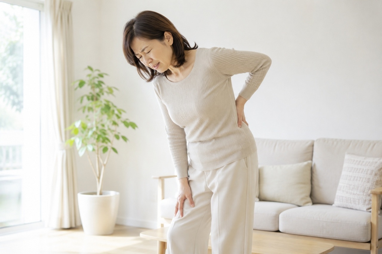 坐骨神経痛で腰と脚を押さえる女性